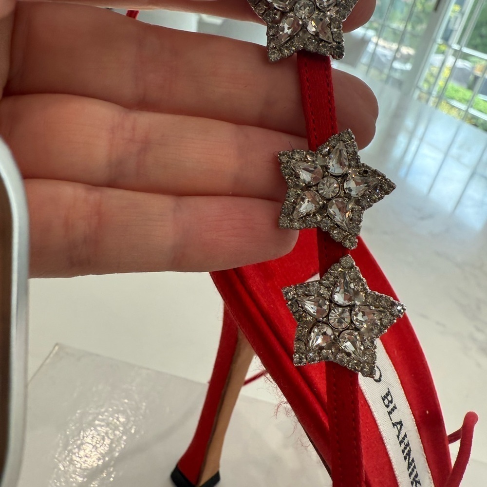 MANOLO BLAHNIKS NEW Kioto red satin pointy toe lace up stars size 39 RARE!! - Picture 7 of 12